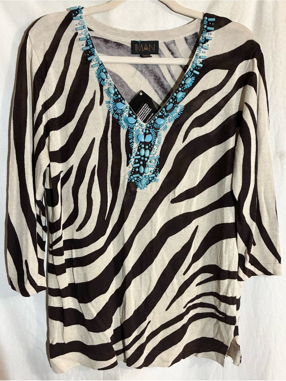 Iman Linen Blend Animal Print sweater Sz M lightweight Breathe Poolside Beach
